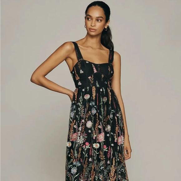 By Anthropologie Sheer Floral Embroidered Mesh Midi Dress SZ M - Picture 1 of 6